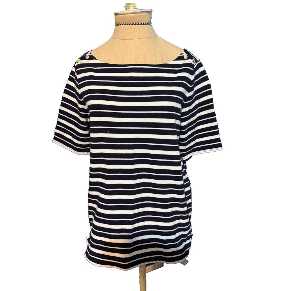 Banana Republic Nautical White & Black Stripe  Boat Neck Short Sleeve Sweater  M